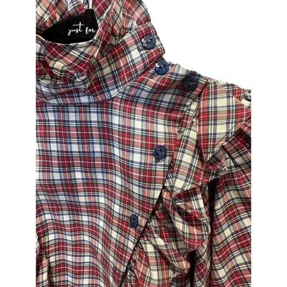 Diane Gilman For Cabai Women's Plaid Tartan Ruffle High‎ Neck Blouse Size 7/8 - Picture 3 of 6